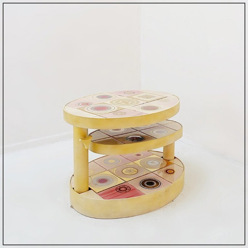 French pink ceramic swivel coffee table, signed Georges Pelletier, 1960s