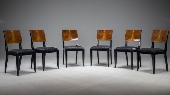 Image 1 of Art Deco French Walnut & Burl Dining Set, 1930s, Set of 7