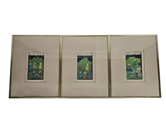 Image 1 of Watercolor - Manuscript - Antiek - Indo - Perzisch - Handgeschept Papier - Miniaturen (3) - Handgeschreven Teksten - 19e Eeuw