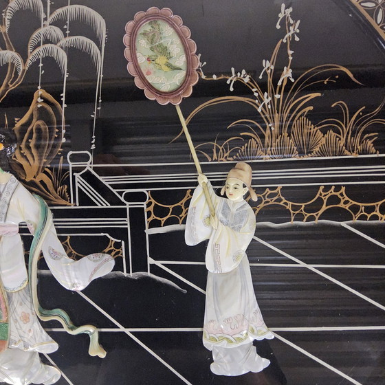 Image 1 of Vintage Ovale Chinese Eettafel  / Oosterse tafel (speksteen) / Chinoiserie / lakmeubel / lacquer / bohemian tafel