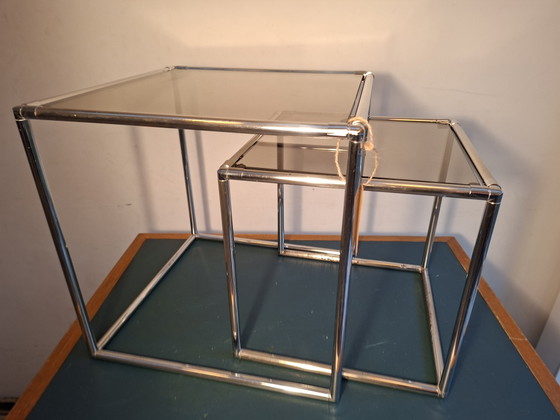 Two Vintage Nesting Side tables, Abstracta Modular System Poul Cadovius – Chrome, Glass (photo 4 of 15)
