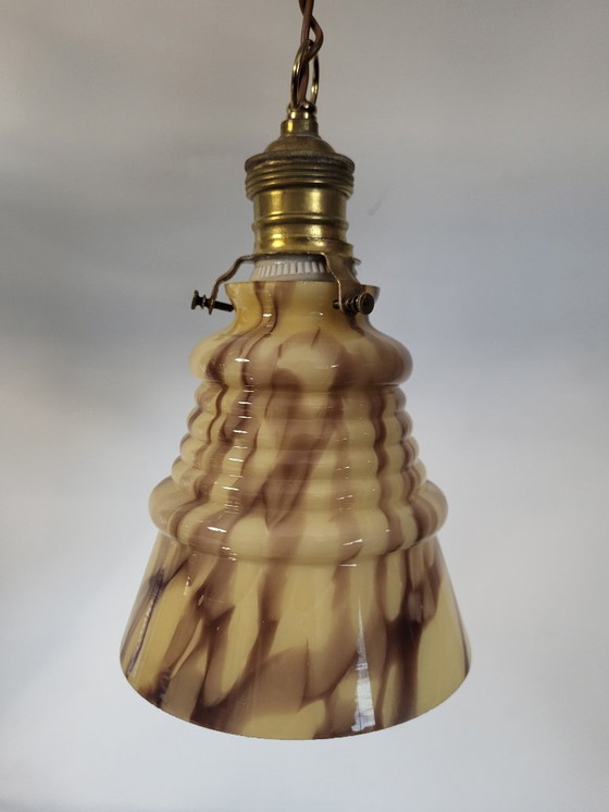 Image 1 of Art deco Opalglaslampe gerippt, Verreries de Scailmont, Henri Heemskerk, Belgien