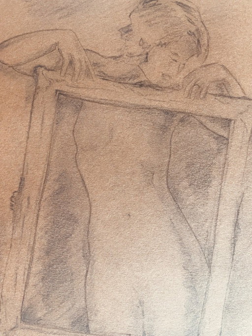 Houtskooltekening van een vrouwenportret "Keuze van de lijst in het atelier"