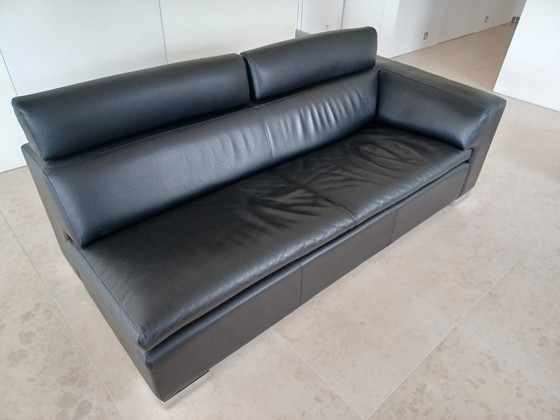 Image 1 of Leolux sofa set, model Howlazy, in black aniline leather and polished aluminum legs.