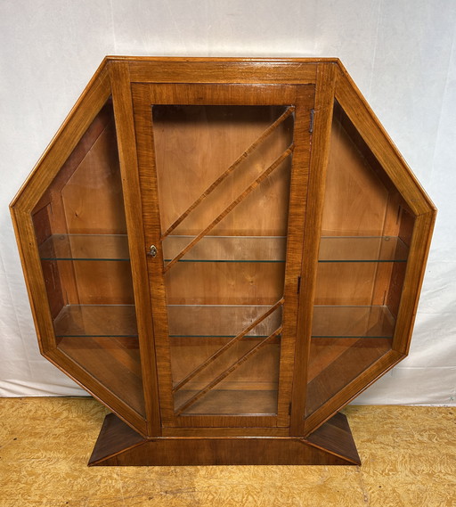 Art Deco Vintage Brocante Walnut Hexagonal Display Cabinet – 1920–1930 Striking Geometric Design | Elegant Display Storage