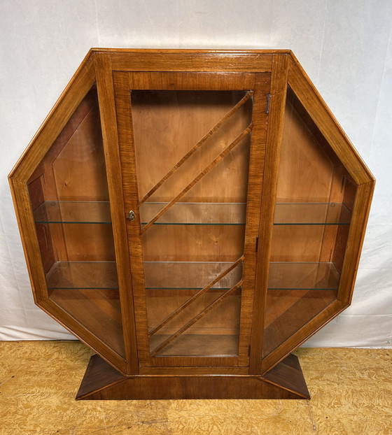 Image 1 of Art Deco Vintage Brocante Walnut Hexagonal Display Cabinet – 1920–1930 Striking Geometric Design | Elegant Display Storage
