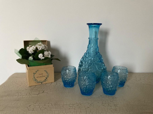 Service à liqueur vintage bleu – carafe et 4 verres décor raisin – années 60/70