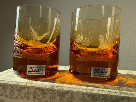 Moser Tsjechoslowakije Amber Kristallen Whiskyglazen Jachtvogels Doos, Gesigneerd – Glazen & Karaffen (photo 4 of 12)
