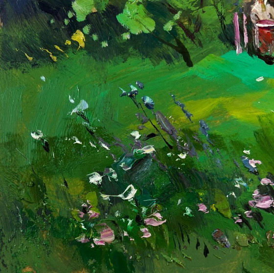 Image 1 of Original Oil Painting Summer Village Landscape Lonely house on the green of the hill