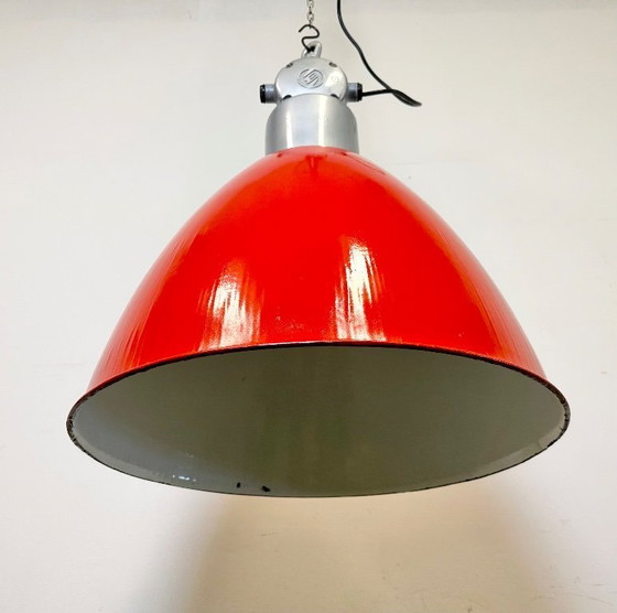 Image 1 of Large Red Painted Industrial Factory Lamp from Elektrosvit, 1960s