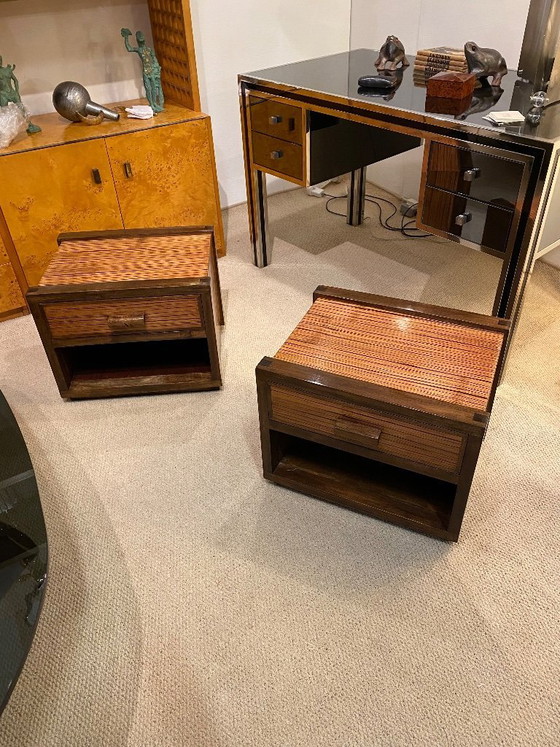 Image 1 of Art Deco nachtkastjes uit de jaren 80, gemaakt van zebra-eikenhout met vintage lades en een gelakte afwerking.