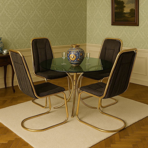 Vintage dining table set with chairs Gastone Rinaldi 70s brass (1970s) mid-century design (Italian design) Hollywood Regency