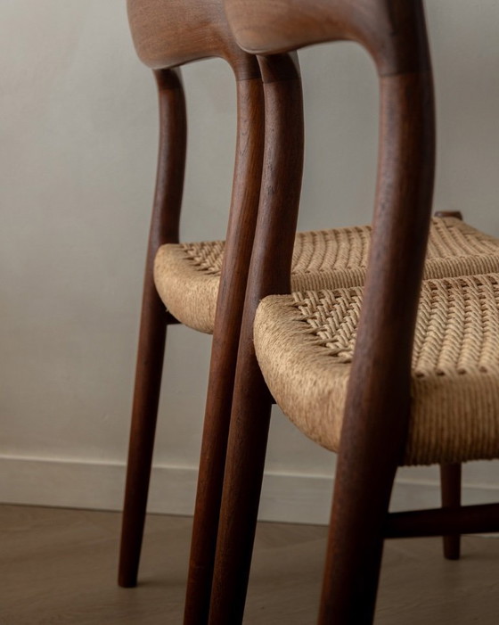 Image 1 of Vintage Danish Dining Chairs Model 75 by Niels Otto Møller for J.L. Møllers Møbelfabrik, Teak Paper Cord Chairs, 1950s, Set of 4