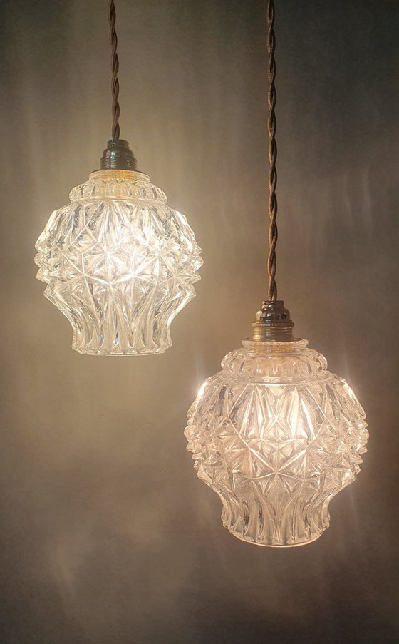 Image 1 of Set van 2 Vintage getextureerde bollampen - hanglampen - midcentury design. 