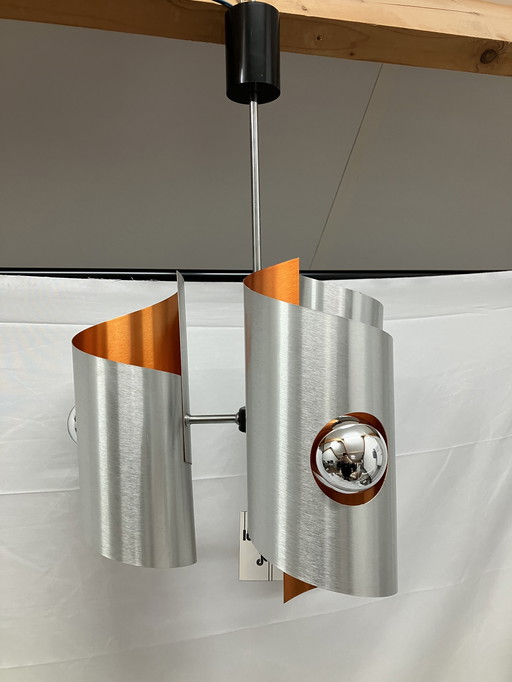 Vintage space age hanglamp, Polam, geborsteld aluminium