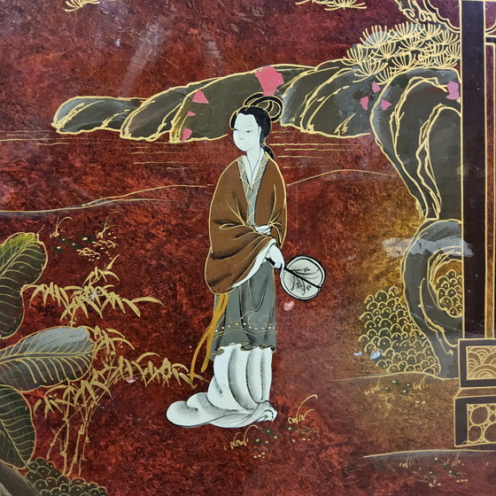 Image 1 of Mobile cinese d'epoca rosso e oro / scena tradizionale / signore in giardino cinese (mobile bohémien, mobile orientale)