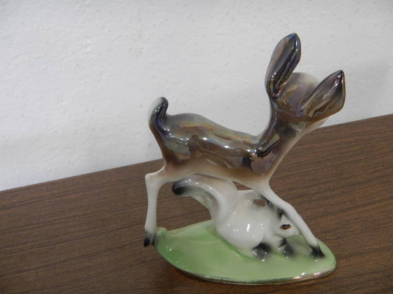 Image 1 of Small hand painted ceramic statue with deer and rabbit, Germany, 50s