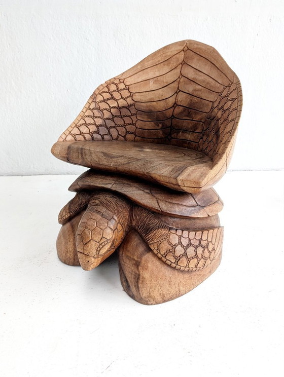 Fauteuil d'appoint tortue artisanal sculpté à la main, années 1970, Bois, Marron, Rustic (photo 5 sur 8)