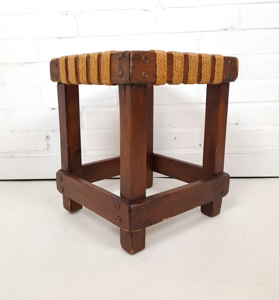 Image 1 of Vintage brutalist krukje touw zitting / hout jaren 50/60
