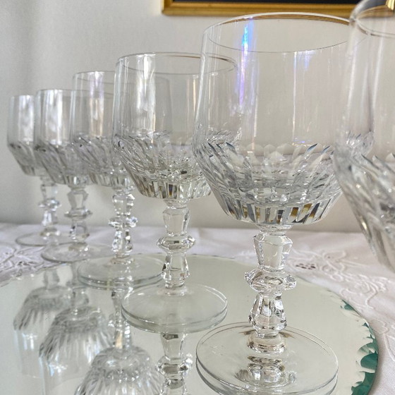 Image 1 of 6 antique carved stemmed glasses, wine or water glasses