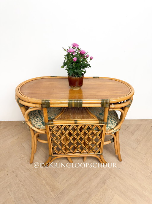 Vintage rotan bamboe bistroset, balkonset, tafel en twee stoelen