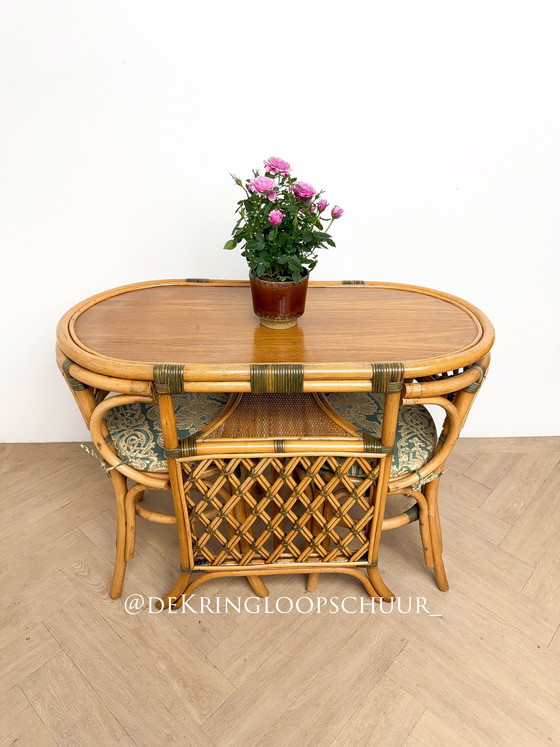 Image 1 of Vintage rotan bamboe bistroset, balkonset, tafel en twee stoelen