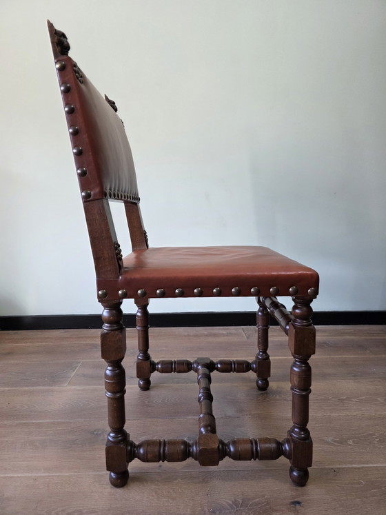 Image 1 of Set 4 vintage leren eetkamerstoelen eiken