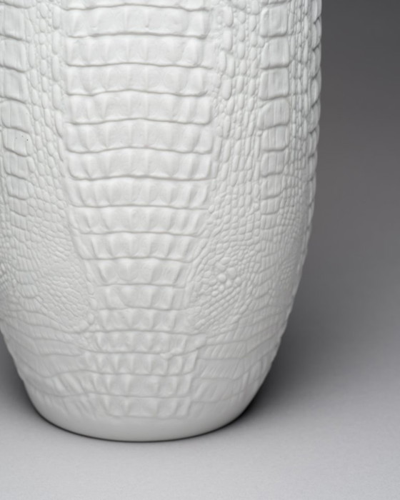 Image 1 of XL Manfred Frey Kaiser Bisque Porcelain Vase Crocodile Reptile Relief Op-Art Duo