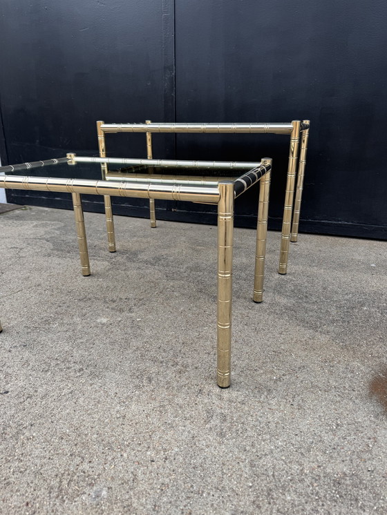 Image 1 of Nesting tables in gold-tone metal, bamboo, and mirror, 1970s style
