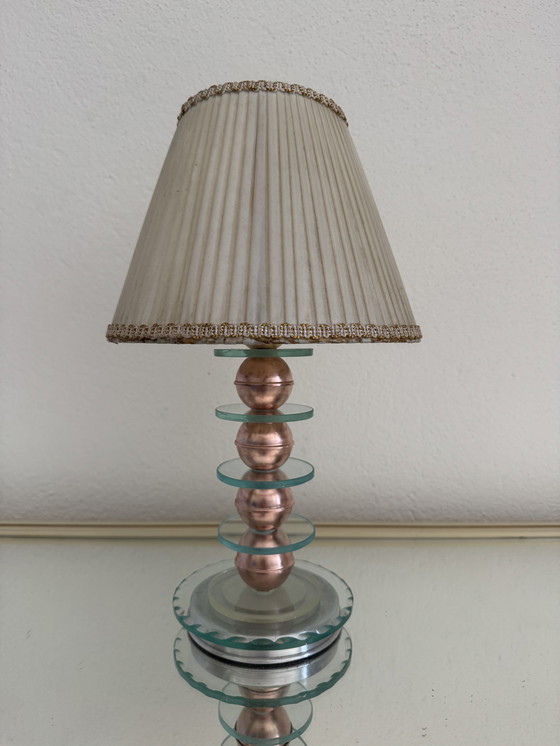 Image 1 of Kleine Art Deco glazen en koperen Bauhaus lamp