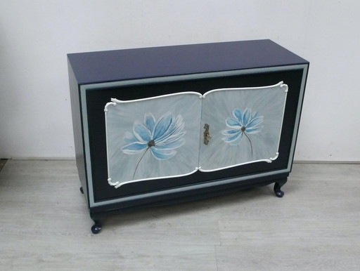 Chippendale sideboard with 2 doors, midnight blue with hand-painted flowers – dressoirs, Wood (photo 2 of 6)