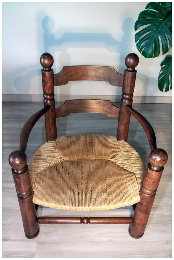 Image 1 of Eikenhouten en biezen fauteuil, brutalistische stijl, Charles Dudouyt, jaren 40
