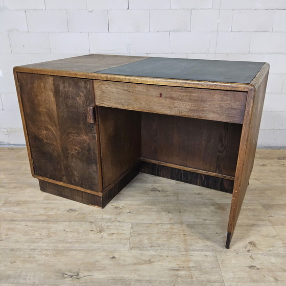 Image 1 of Bureau Art Déco ancien en bois avec bibliothèque et tiroirs d'archivage / bureau double face