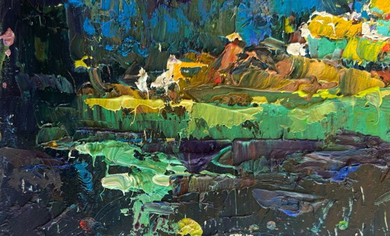 Image 1 of Original Oil Painting Night Village Landscape The moonlit night illuminates