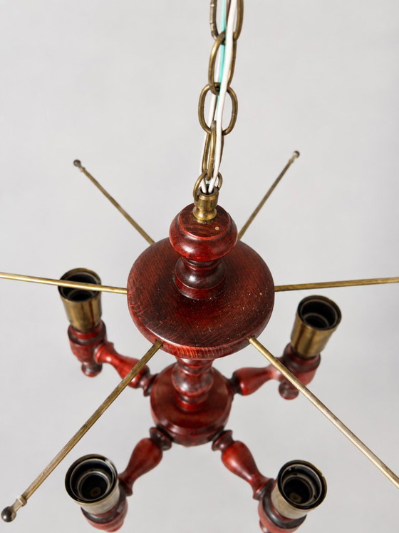 Vintage Czechoslovak Chandelier, 1970s Mid Century Wood & Smoked Floral Glass Ceiling Light, 5 Light Retro (photo 5 of 7)