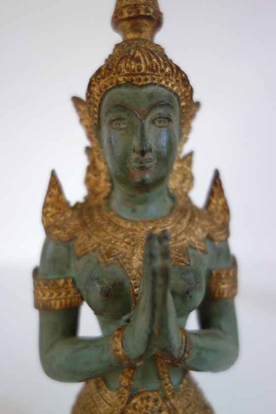Image 1 of Couple de Statues Thephanom en Bronze Doré, Thaïlande, Années 40