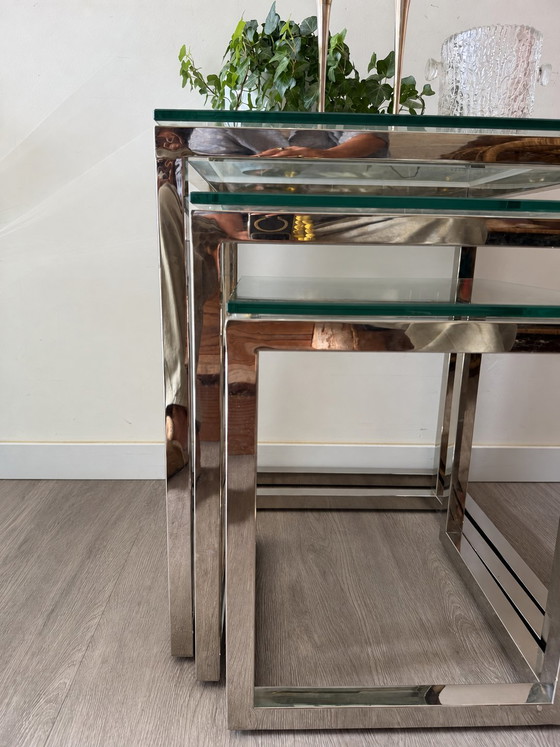 Mid Century Modern Mimi Set Cromo Vetro Tavolini – Chrome, Glass (photo 2 of 8)