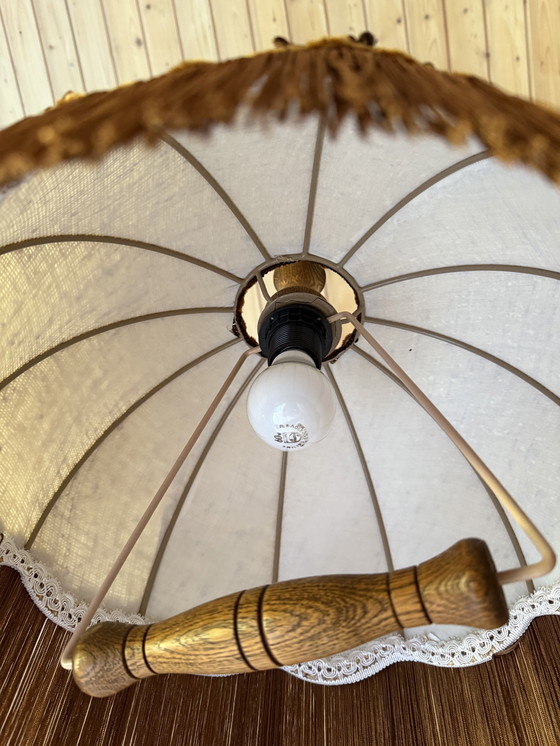 Image 1 of Lampada a sospensione/tirante vintage con frange e paralume in tessuto