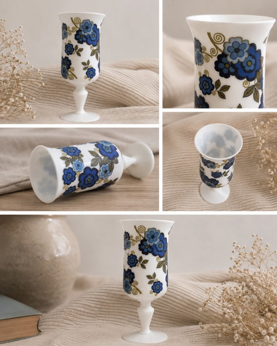 Vintage White Opaline Glass Chalice Vase – 1970s Retro Blue Flower Pattern – Porcelain (photo 5 of 5)