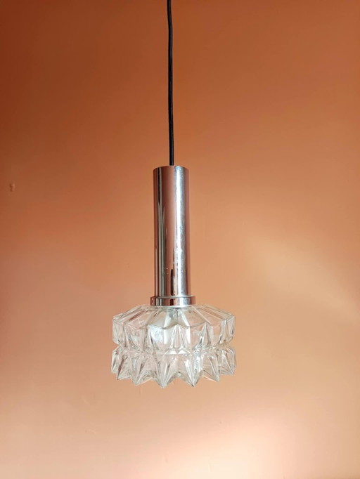 Lampada a sospensione Space Age in cromo e vetro, Germania, 1970