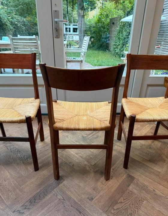 Image 1 of Chaises de salle à manger vintage de Scandinavie en bois et paille