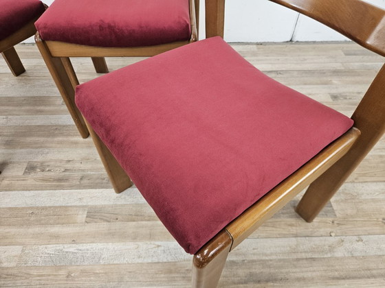 Set of four dining chairs, brown wood with red textile seats, Mid Century Modern (photo 8 of 13)