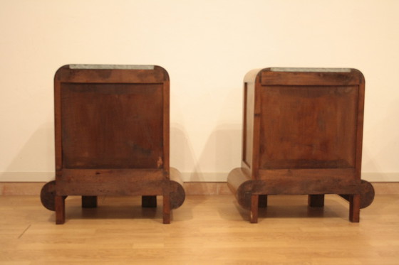 Image 1 of Pair of Art Deco Walnut Bedside Tables, 1950s Mid Century Modern, Italy