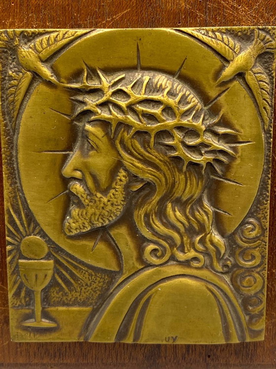 Removable Modernist Religious Plaque – Christ in Profile – Patinated Metal – Circa 1940/60 (photo 3 of 4)