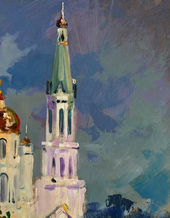Image 1 of Original Oil Painting Summer Nature Landscape Church under a shining sky
