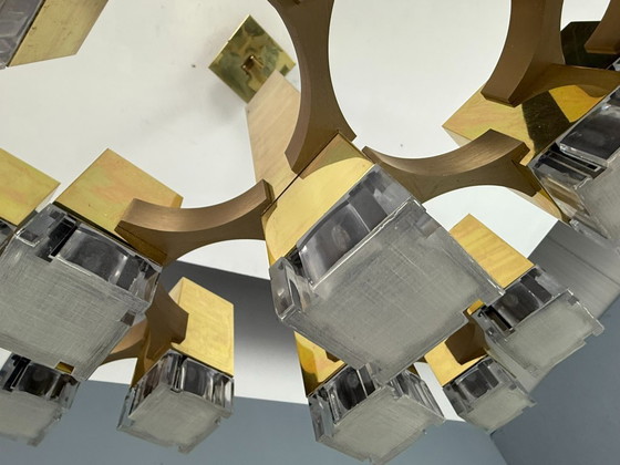 Image 1 of Lustre cubique Sciolari en laiton, édition rare, 17 lumières, Italie des années 1970