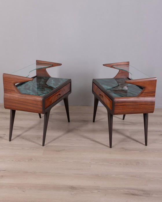 Image 1 of COPPIA DI COMODINI VINTAGE ANNI 50 IN LEGNO E VETRO DESIGN ITALIANO