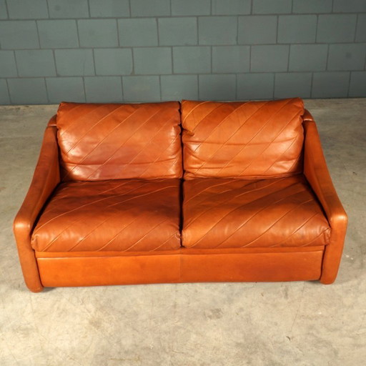 Divano vintage danese patchwork in pelle color cognac, anni '70