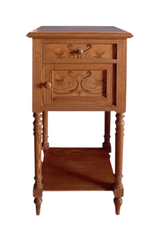Solid pine marquetry bedside table, marble top, 37x37x81cm, 1940s, Art Deco, Émile Gallé style – nachtkastjes, Wood