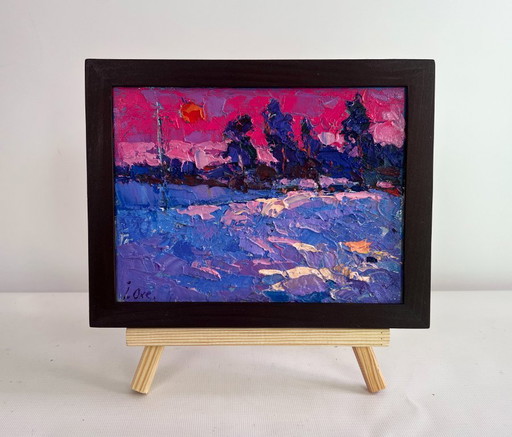 Original Oil Painting Evening Field Landscape Frosty winter evening